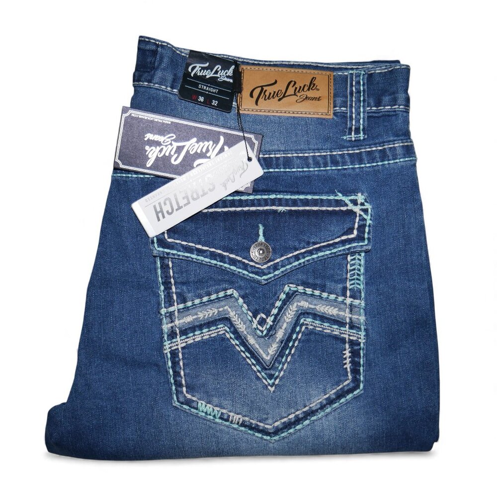 NEW True Luck Straight Leg Jeans Men's Size 36x32 Thick Stitch Embroidered BKE